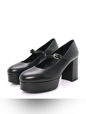 CHANEL Black Leather Mary Jane Platform Pumps with Strap size 38.5